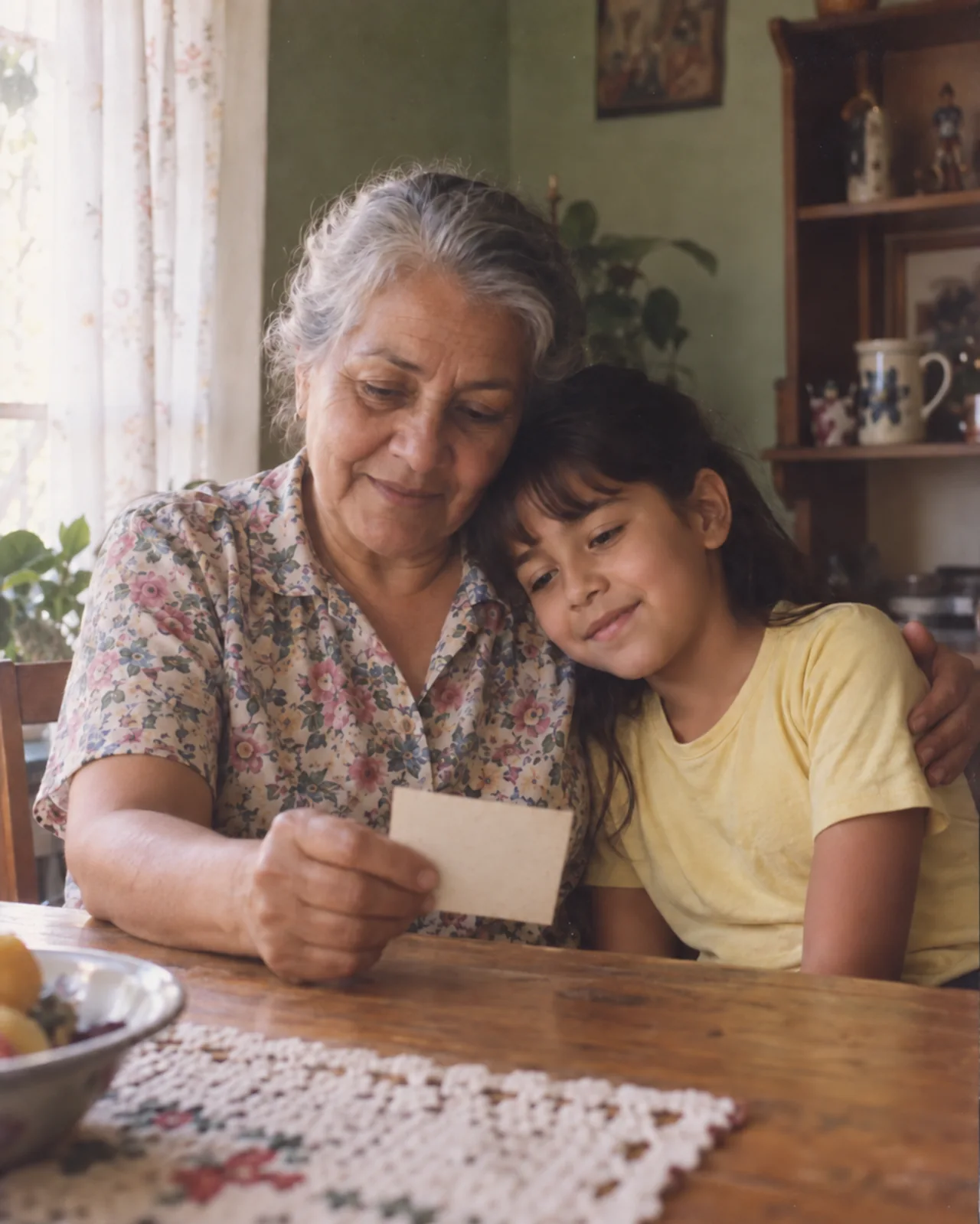 Una abuela y su nieta miran una fotografía antigua junto a la ventana.
