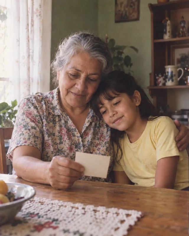 Una abuela y su nieta miran una fotografía antigua junto a la ventana.