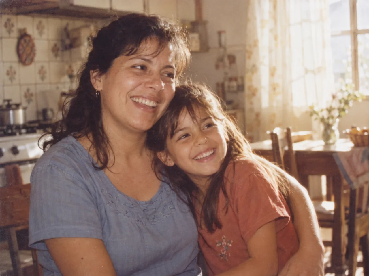 Una madre y su hija se abrazan y ríen en la cocina.